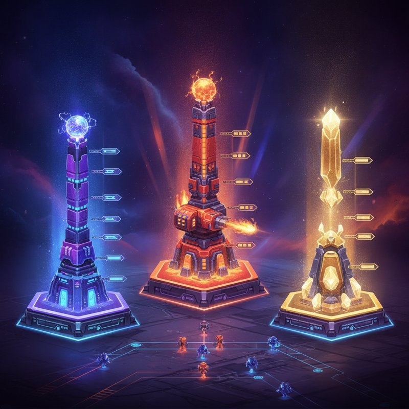 Tower Rush slot par Galaxsys montrant trois types de tours stratégiques avec niveaux de construction progressifs, thème futuriste avec couleurs orange rouge violet et bleu, gameplay innovant avec choix tactiques